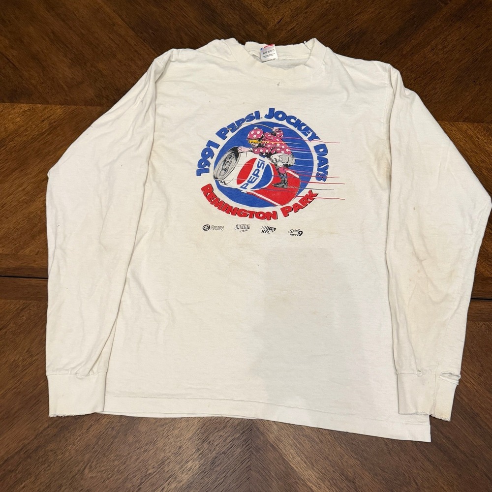 Vintage 1991 Pepsi Jockey Day Remington Park Long Sleeve T-Shirt White Large USA
